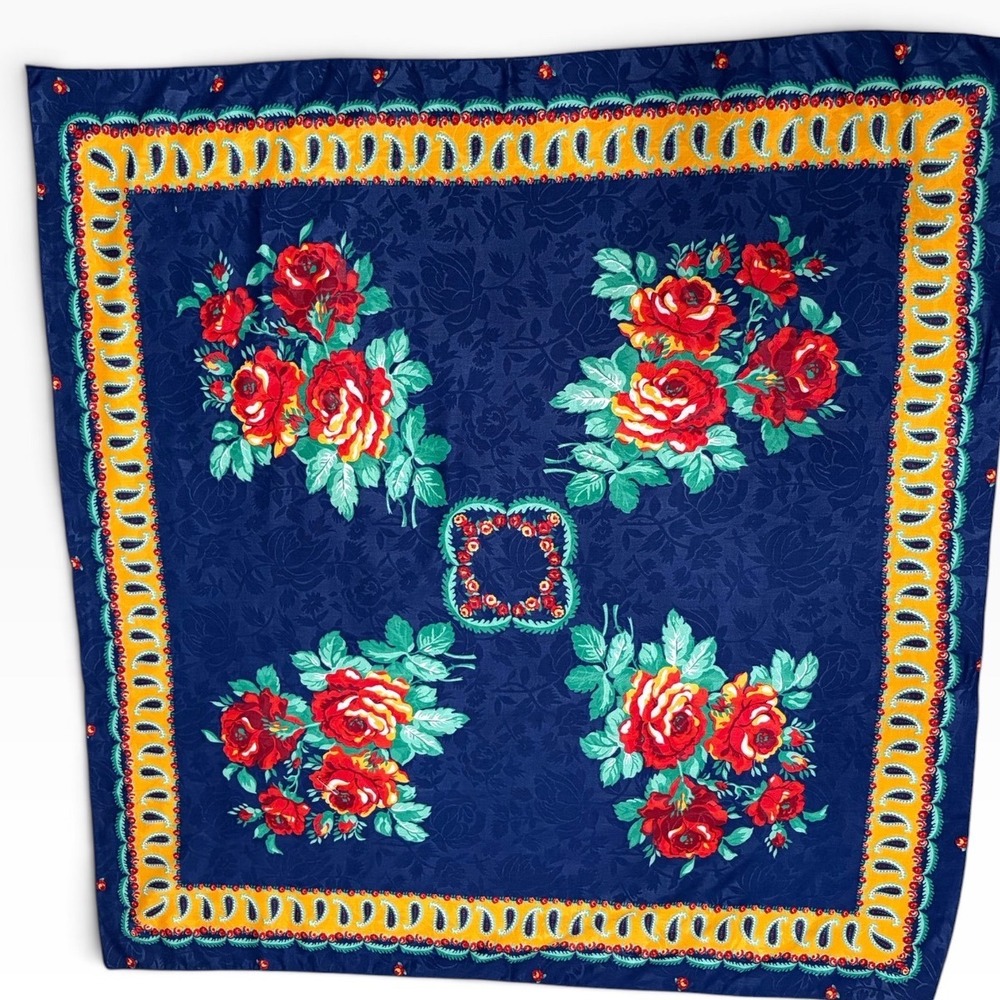 Vintage Silk Navy Blue Red Rose Floral Paisley Square Scarf Large Women 34x34